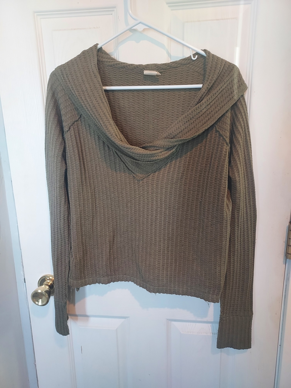 We The Free Women's Olive Green Waffle Knit Cowl Neck V Neck Top